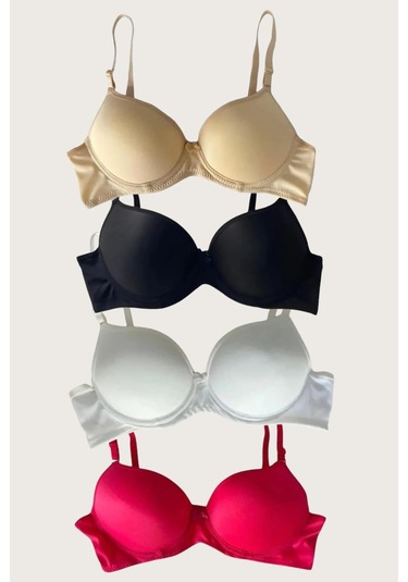 Siyah-beyaz-kırmızı-ten 4'lü Dolgulu Push Up Micro Balenli Günlük Tek Destekli Sütyen Görsel