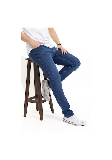 Yeni Sezon Erkek Dört Mevsimlik Likralı Regular Tam Kalıp Düz Paça Fermuarlı Yüksek Kaliteli Kot Pantolon 720-Mavi