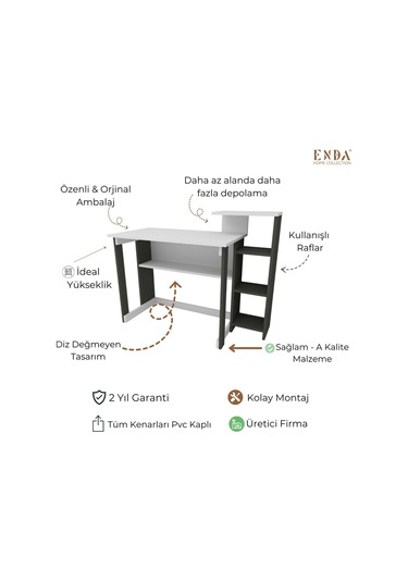 Enda Home Saye 5 Raflı Kitaplıklı Çalışma Masası Antrasit - Beyaz Koyu Gri - Beyaz