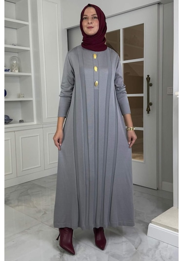 Yaprak Triko Elbise Gri Normal