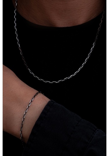 Erkek Gümüş Kolye Bileklik Set - 925 Ayar Oksitli Forse Zincir Gümüş Kolye Bileklik Set
