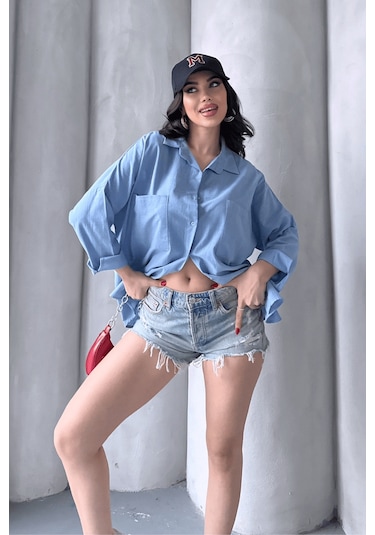 Paw Garage Kadın Harper Çift Cepli Oversize Keten Gömlek, 2025 Summer Collection Mavi