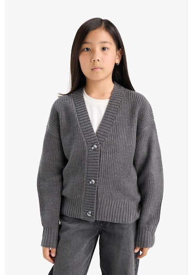 Defacto Kız Çocuk V Yaka Düğmeli Triko Hırka A2298a825auar58 Antrasit