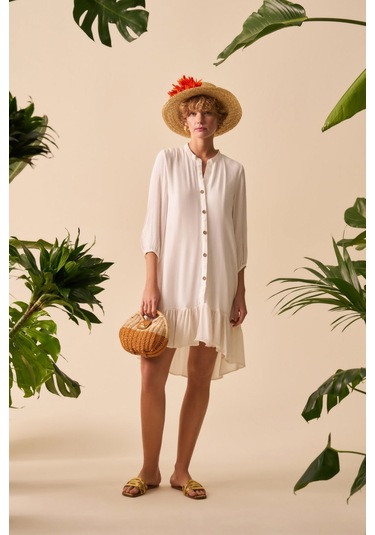 Düğmeli Mini Elbise Beyaz