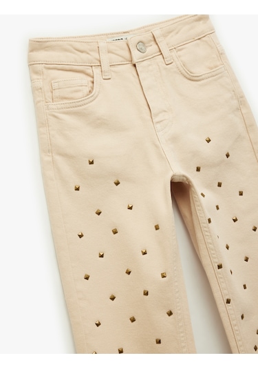 Koton Pamuklu Taş Detaylı Normal Bel Denim Pantolon Bej 6wkg40078ad Ekru