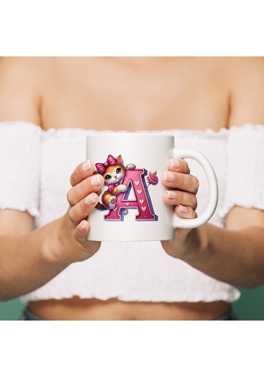 A Harfli Bardak, Sevimli Kedili Pembe Tasarım Bardak, Arkadaşa Aileye Hediye Porselen Beyaz