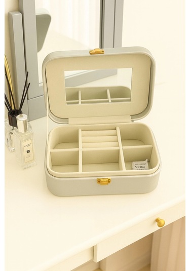 Deri Seyahat Takı Bijuteri Mücevher Kutusu Organizer Düzenleyici 20cm Gri İthal Ürün