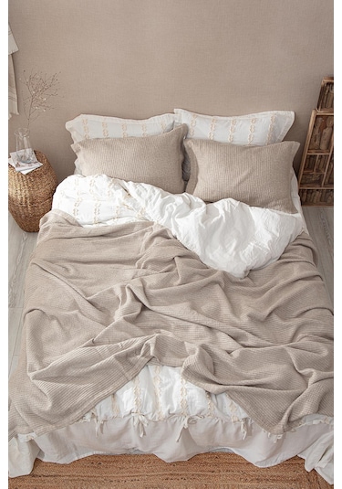 Ecocotton Sara Bej Çift Kişilik %100 Organik Pamuk Pike/yatak Örtüsü Seti 220 240 Cm Bej