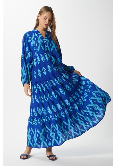 Modest Kadın Megan %100 Viskon Maksi Boy Mavi Katlı Balon Kol Uzun Yazlık Elbise Maviaçıkmavi Açık Mavi