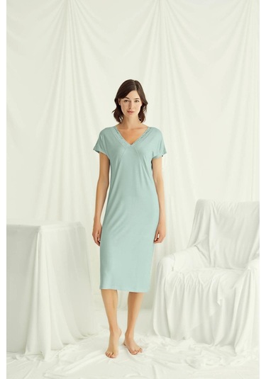 Monamise 18517 Kadın V Yaka Dantelli Düğmeli Kısa Kollu Gecelik-açıkyeşil Açık Yeşil