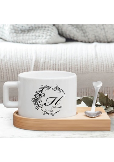 Bk Gift Kişiye Özel Baş Harf İsimli Ahşap Altlıklı Seramik Fincan-2 , Meslek Hediyesi, Yeni İş Hediyesi Kobitmeyen138071 Bk Gift