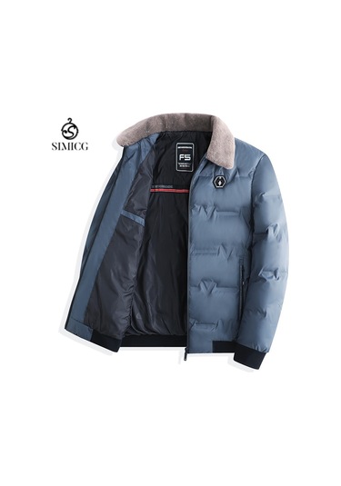 Erkek Kışlık Mont Kışlık Pamuklu Dolgulu Ceket Kısa Kürk Yaka Sıcak Pamuklu Mont Mavi
