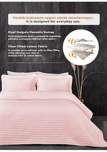 Evlen Home %100 Pamuk Yatak Örtüsü Pike Takımı Tek Kişilik Judy Yatay Çizgili Kapitone Pudra Pudra