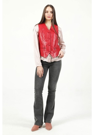 Dericlub Dc-001 Hakiki Deri Kadın Yelek Kırmızı