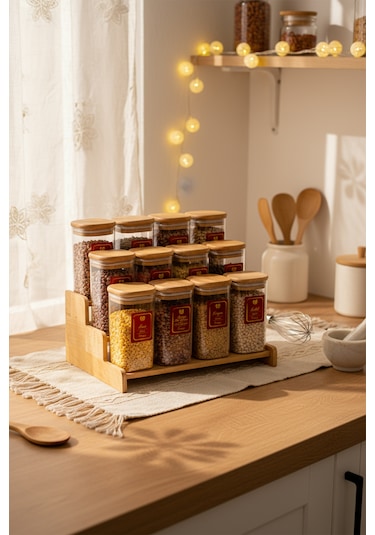 Snippy Lunver - 12'li Ahşap Standlı Vakumlu Etiketli Akrilik Saklama Kabı Baharatlık Seti 350 Ml Ahşap