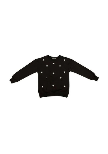 Kız Çocuk Pamuklu İnci İşlemeli İnce Sweatshirt-15007 Siyah