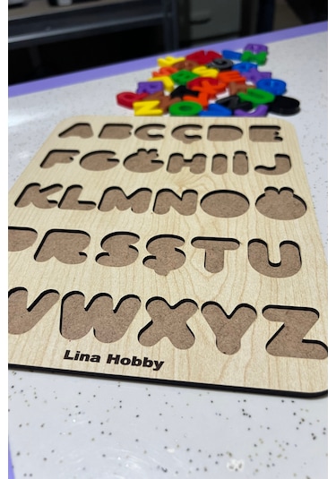 Alfabe Harf Puzzle - Ahşap Tabanlı Ve Pla Harflerden Eğitici Oyuncak 21x25cm Büyük Harfler