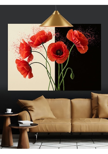 Kırmızı Haşhaş Çiçekleri Sapları Dekoratif Kanvas - Mdf Ahşap Tablo