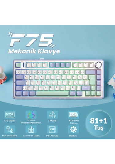 Aula F75 Mekanik Rgb Tkl Graywood V4 Switch Kablosuz Makrolu Hot Swap Türkçe Q Klavye Pastel