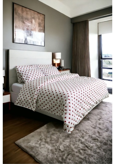 Kırmızı Kalpli Nevresim Seti Tek Kişilik Beyaz - Kırmızı