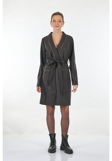 Unique Mode V Yaka Çizgili Uzun Kollu Siyah Kadın Elbise Uw233503 001