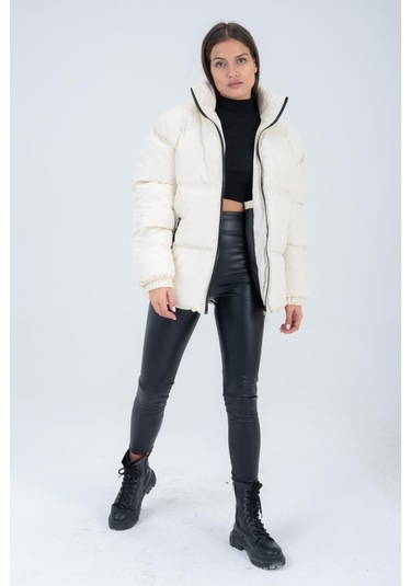 Kadın Reglan Kol Dik Yaka Age Of State Baskılı Mont Ekru