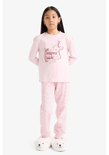 Defacto Kız Çocuk Regular Fit 2li Pijama Takımı Baskılı Uzun Kollu Üst Desenli Uzun Alt F6215a825wnpn688 Pembe
