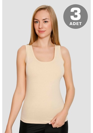 Kadın Ten Rengi Pamuklu Likralı Kalın Askılı Atlet 3'lü Paket Esnek Ve Yumuşak Kumaş Ten