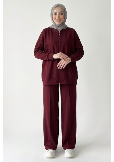Thiff Tesettür Önü Fermuarlı Oversize Modal Takım Bordo