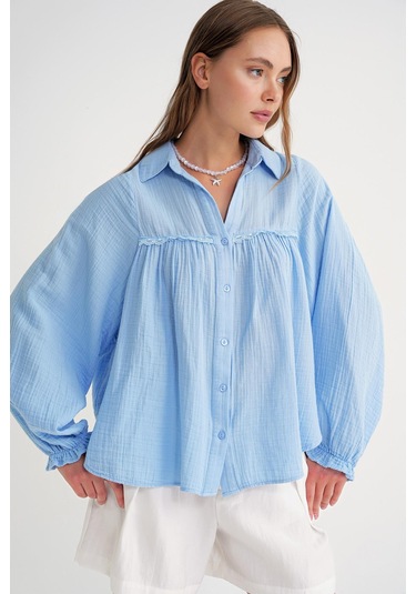 4677 Kadın Dantel Detaylı Müslin Gömlek Bebe Mavi Bebe Mavi