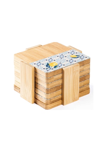 Tantitoni Bambu 6 Parça Standlı Desenli Bardak Altlığı Seti 11.5x11x5 Cm Ahşap