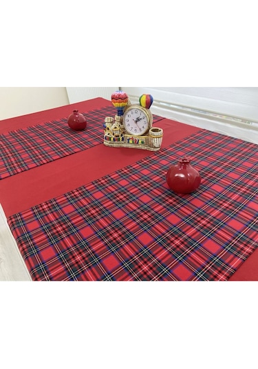 Kırmızı Renk Masa Örtüsü Yılbaşı Ekose Runner Seti