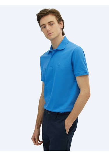 Saks Düz Polo Yaka %100 Pamuk T-shirt Saks