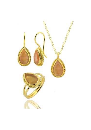 Beyisa Güneş Taşı Serisi Sarma Damla Kesim Siyah Renkli Oniks 22 Ayar Altın Kaplama Kadın Set