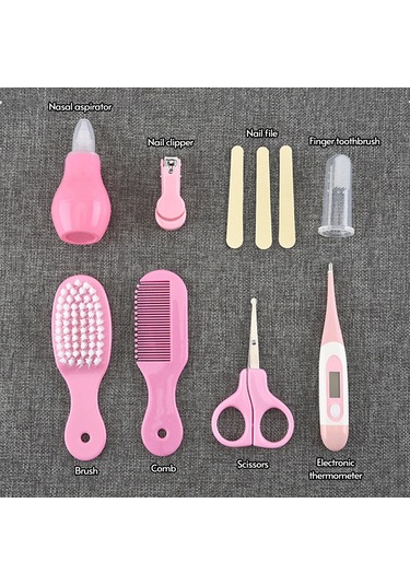Vkemall Bebek Bakım 8'li Set: Tırnak Kırıcı, Fırça, Tarak, Burun Emici, Parmak Fırçası, Elektronik Termometre + Depolama Kutusu Mavi