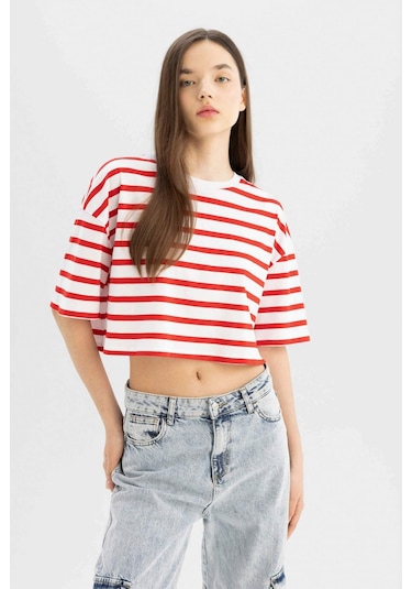 Defacto Coool Fitted Çizgili Kısa Kollu Tişört A9046AX24SMRD44 Kırmızı Defacto Coool Fitted Çizgili Kısa Kollu Tişört A9046AX24SMRD44 Kırmızı