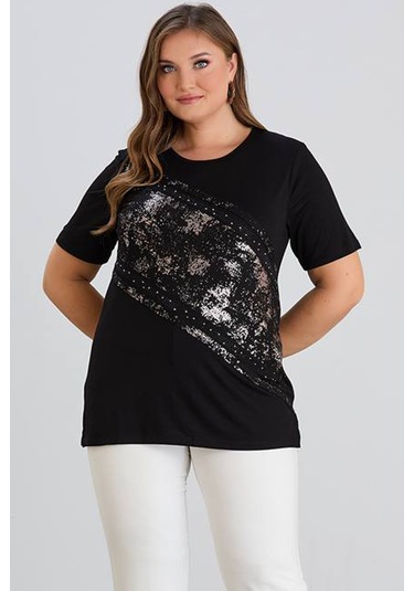 Wearon Kadın Julia Varak Baskılı Taşlı Penye Siyah Tişört Siyah