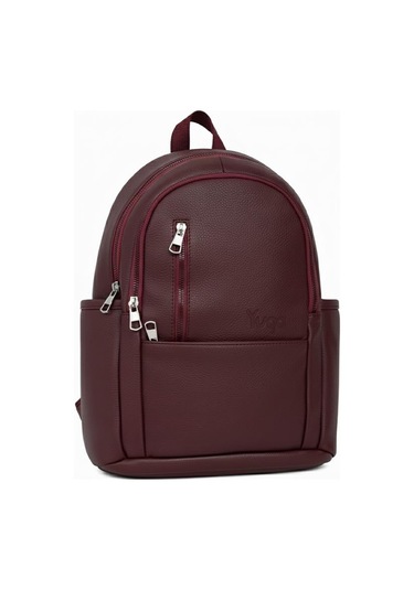 Yuga Suni Deri Dört Gözlü Sırt Çantası Bordo Bordo