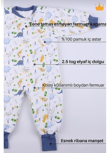 Çift Kat Organik Pazen Erkek Çocuk Bebek Uyku Tulumu 2.5tog Çok Renkli