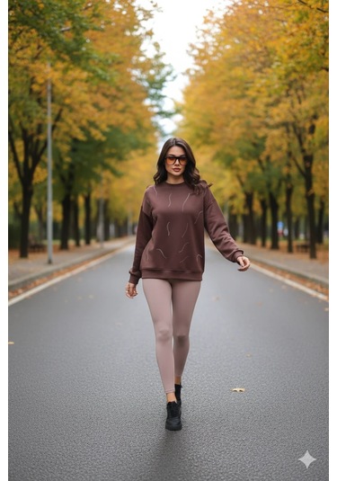 Cemo Günlük Uzun Kollu Bisiklet Yaka Basic Bluz/sweatshirt Kahve