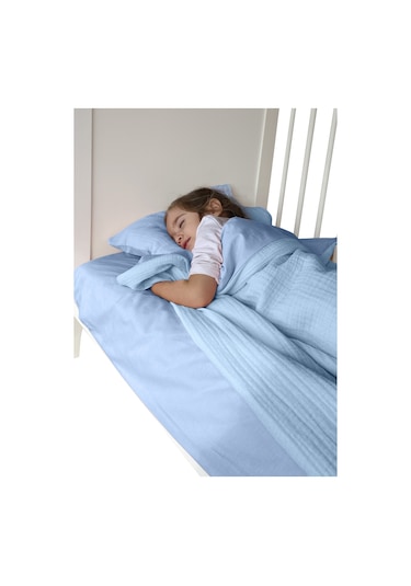 %100 Pamuk Muslin-akfil Bebek Nevresim Takımı Çift Yönlü Mavi