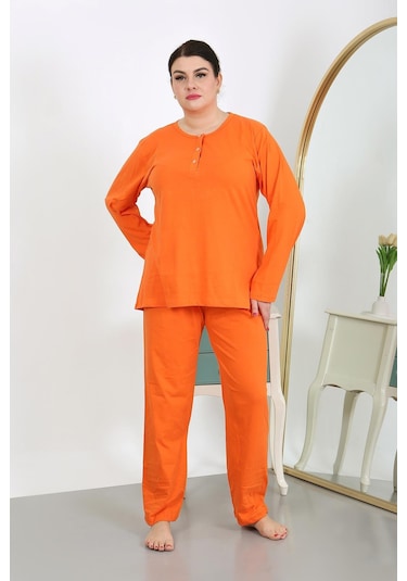 Akbeniz Kadın Büyük Beden Uzun Kol Penye Pijama Takımı Turuncu 202501 Turuncu