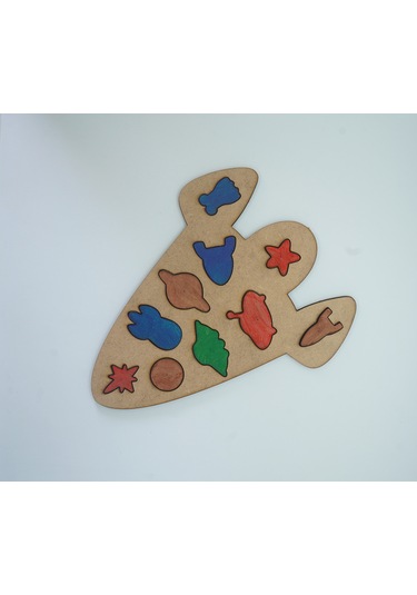 Çocuklar İçin Eğitici Ve Öğretici Ahşap Yapboz Puzzle Bul Tak Uzay Aracı Mekik Roket Gezegenler Uzaylı Stil