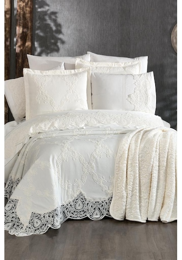 Çeyiz Diyarı Sahra 10 Parça Battaniyeli Çeyiz Seti Krem Krem