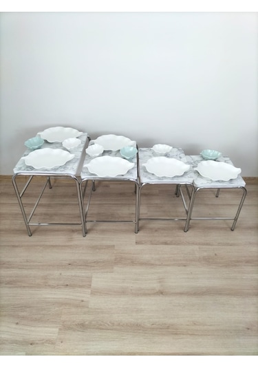 Evko Mobilya Buket Sehpa, 4'lü Zigon Sehpa, Dörtlü, Krom-b.mermer