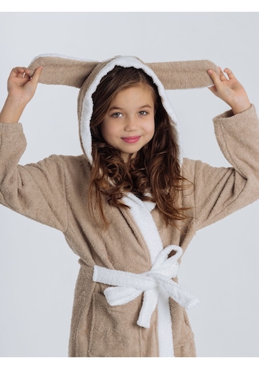 Formeya Kapşonlu Çocuk Bornoz %100 Pamuk Su Emici Köpek Figürlü Kahverengi