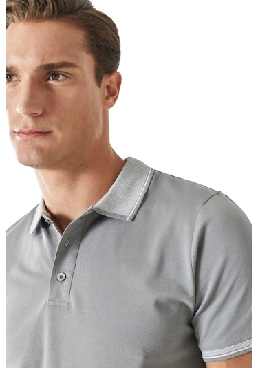 Ac&Co / Altınyıldız Classics Düğmeli Polo Yaka Cepsiz Slim Fit Erkek Tişört Gri