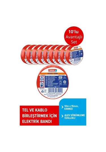 Tesa Elektrik İzolasyon Bandı Spvc, 10m X 15mm, Kırmızı Renk X10 Adet