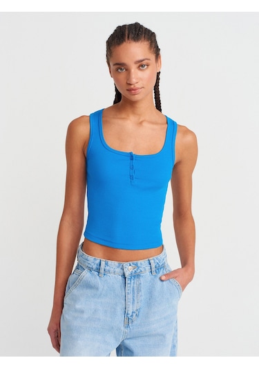 Dilvin 20983 Düğmeli Kare Yaka Top-saks Saks