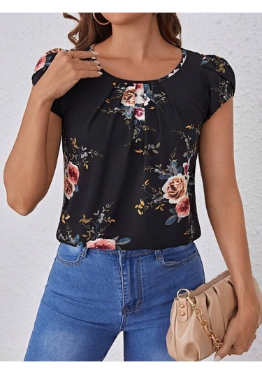 Kadın Kısa Kollu Bisiklet Yaka Çiçek Baskılı Süprem Bluz Siyah